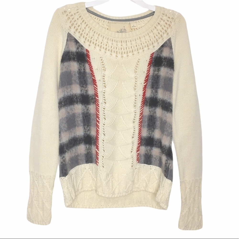 Anthropologie Angel of the North Sweater Plaid Open Knit Accents Wool Lambswool